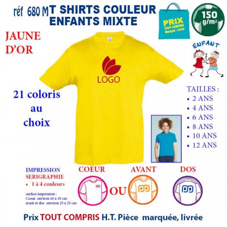 T-SHIRTS COULEUR ENFANT MIXTE JAUNE D'OR REF 680 M 680 M JAUNE D'OR T-SHIRT MIXTE ENFANTS COTON 150 GRS  4,16 €