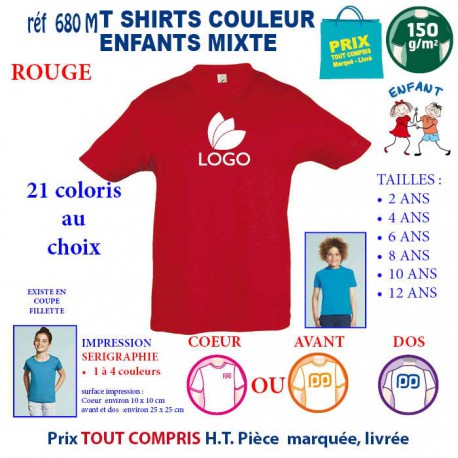 T-SHIRTS COULEUR ENFANT MIXTE ROUGE REF 680 M 680 M ROUGE T-SHIRT MIXTE ENFANTS COTON 150 GRS  4,16 €