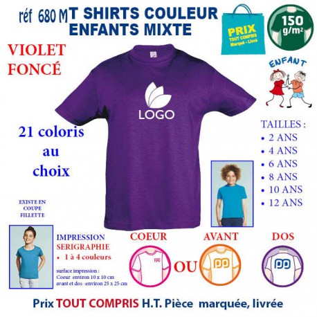 T-SHIRTS COULEUR ENFANT MIXTE VIOLET REF 680 M 680 M VIOLET T-SHIRT MIXTE ENFANTS COTON 150 GRS  4,16 €