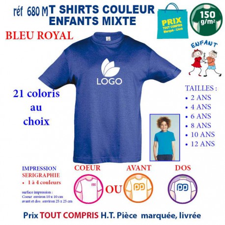 T-SHIRTS COULEUR ENFANT MIXTE BLEU ROYAL REF 680 M 680 M BLEU ROYAL T-SHIRT MIXTE ENFANTS COTON 150 GRS  4,16 €