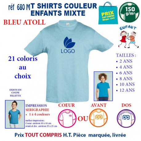 T-SHIRTS COULEUR ENFANT MIXTE BLEU ATOLL REF 680 M 680 M BLEU ATOLL T-SHIRT MIXTE ENFANTS COTON 150 GRS  4,16 €