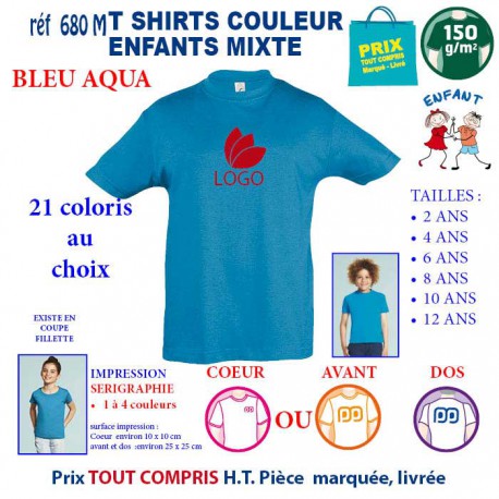 T-SHIRTS COULEUR ENFANT MIXTE BLEU AQUA REF 680 M 680 M BLEU AQUA T-SHIRT MIXTE ENFANTS COTON 150 GRS  4,16 €