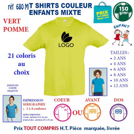 T-SHIRTS COULEUR ENFANT MIXTE VERT POMME REF 680 M 680 M VERT POMME T-SHIRT MIXTE ENFANTS COTON 150 GRS  4,16 €