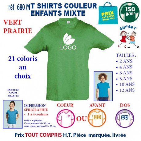 T-SHIRTS COULEUR ENFANT MIXTE VERT PRAIRIE REF 680 M 680 M VERT PRAIRIE T-SHIRT MIXTE ENFANTS COTON 150 GRS  4,16 €