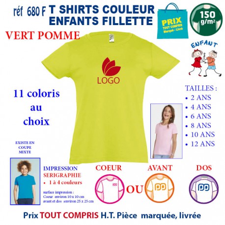 T-SHIRTS COULEUR ENFANT FILLETTE VERT POMME REF 680 F 680 F VERT POMME T-SHIRT FILLETTE ENFANTS COTON 150 GRS  4,16 €