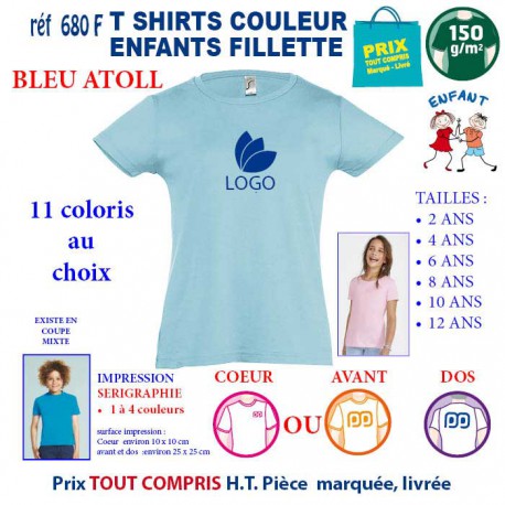 T-SHIRTS COULEUR ENFANT FILLETTE BLEU ATOLL REF 680 F 680 F BLEU ATOLL T-SHIRT FILLETTE ENFANTS COTON 150 GRS  4,16 €