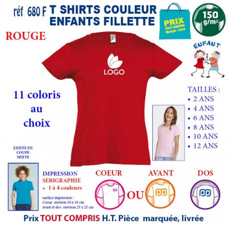 T-SHIRTS COULEUR ENFANT FILLETTE ROUGE REF 680 F 680 F ROUGE T-SHIRT FILLETTE ENFANTS COTON 150 GRS  4,16 €