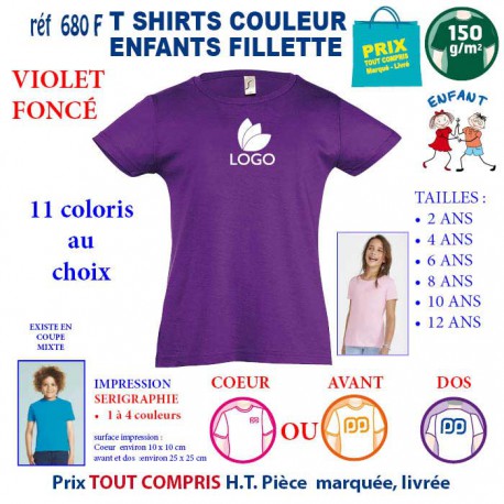 T-SHIRTS COULEUR ENFANT FILLETTE VIOLET REF 680 F 680 F VIOLET T-SHIRT FILLETTE ENFANTS COTON 150 GRS  4,16 €