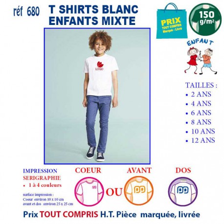 T-SHIRTS BLANCS ENFANT MIXTE REF 640 640 T SHIRTS BLANCS PUBLICITAIRES PERSONNALISES  3,37 €
