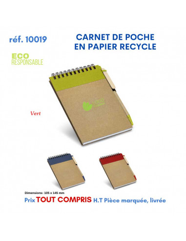 CARNET DE POCHE EN PAPIER RECYCLE REF 10019 10019 Carnet personnalisé  3,68 €