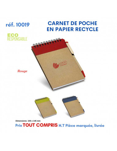 CARNET DE POCHE EN PAPIER RECYCLE REF 10019 10019 Carnet personnalisé  3,68 €