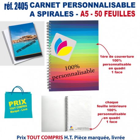 CARNET PERSONNALISE A SPIRALES A5 REF 2405 2405 Carnet personnalisé  6,35 €