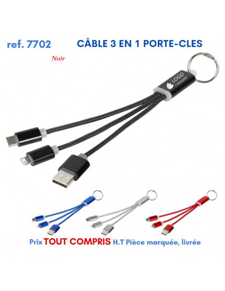 CABLE 3 EN 1 PORTE-CLES REF 7702 7702 ACCESSOIRES SMARTPHONE TABLETTE  4,55 €