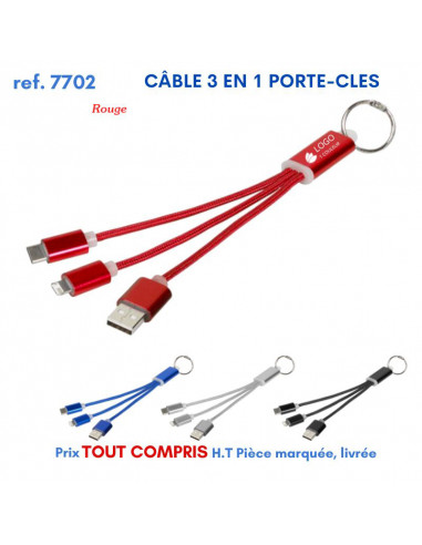 CABLE 3 EN 1 PORTE-CLES REF 7702 7702 ACCESSOIRES SMARTPHONE TABLETTE  2,59 €