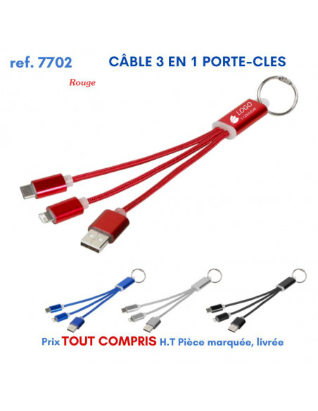 CABLE 3 EN 1 PORTE-CLES REF 7702 7702 ACCESSOIRES SMARTPHONE TABLETTE  4,55 €