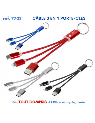 CABLE 3 EN 1 PORTE-CLES REF 7702 7702 ACCESSOIRES SMARTPHONE TABLETTE  2,59 €