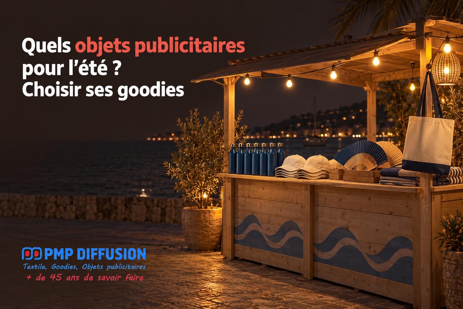 Bar en bois de goodies estivaux disposés près de la mer au crépuscule, avec lampes suspendues et tote bags, bouteilles et