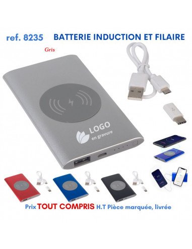 Batterie externe de type powerbank avec câble USB et ports, affichant le logo et plusieurs coloris disponibles.