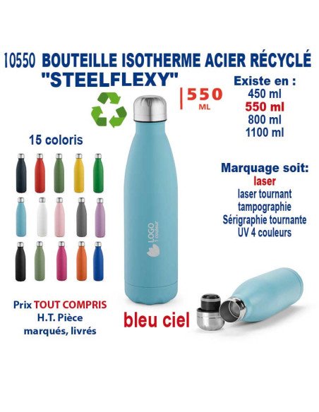 Une bouteille isotherme bleu ciel avec bouchon argenté et étiquette logo sur fond blanc.