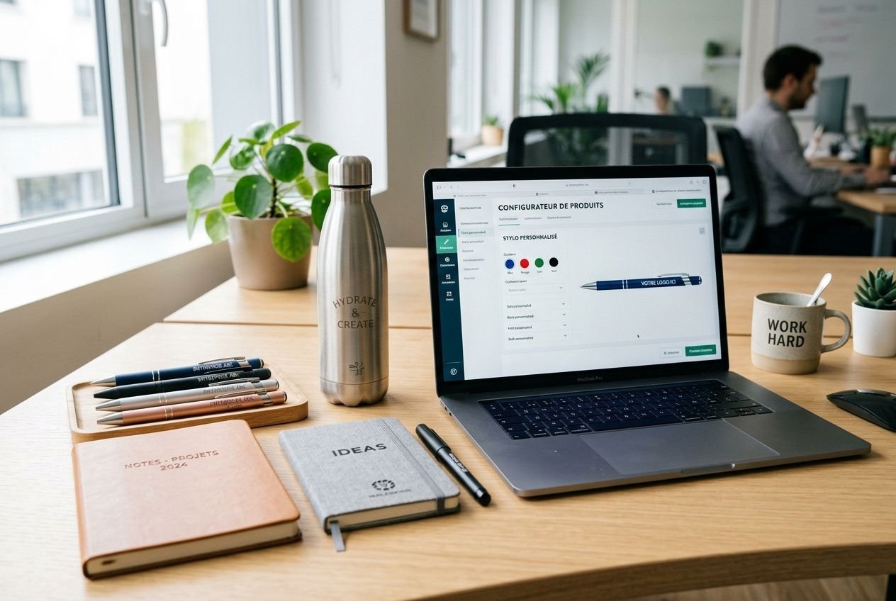Bureau lumineux avec laptop affichant une interface numérique, carnet et stylos, gourde métallique et mug “WORK HARD”, plantes et notes “IDÉAS” prêtant à des activités associatives été. Articles été associations organisatio