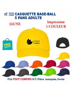 Casquette base-ball jaune avec broderie d’un logo, modèle 1 couleur, et autres casquettes colorées assorties. Casquette personnalisée qualité adaptée.