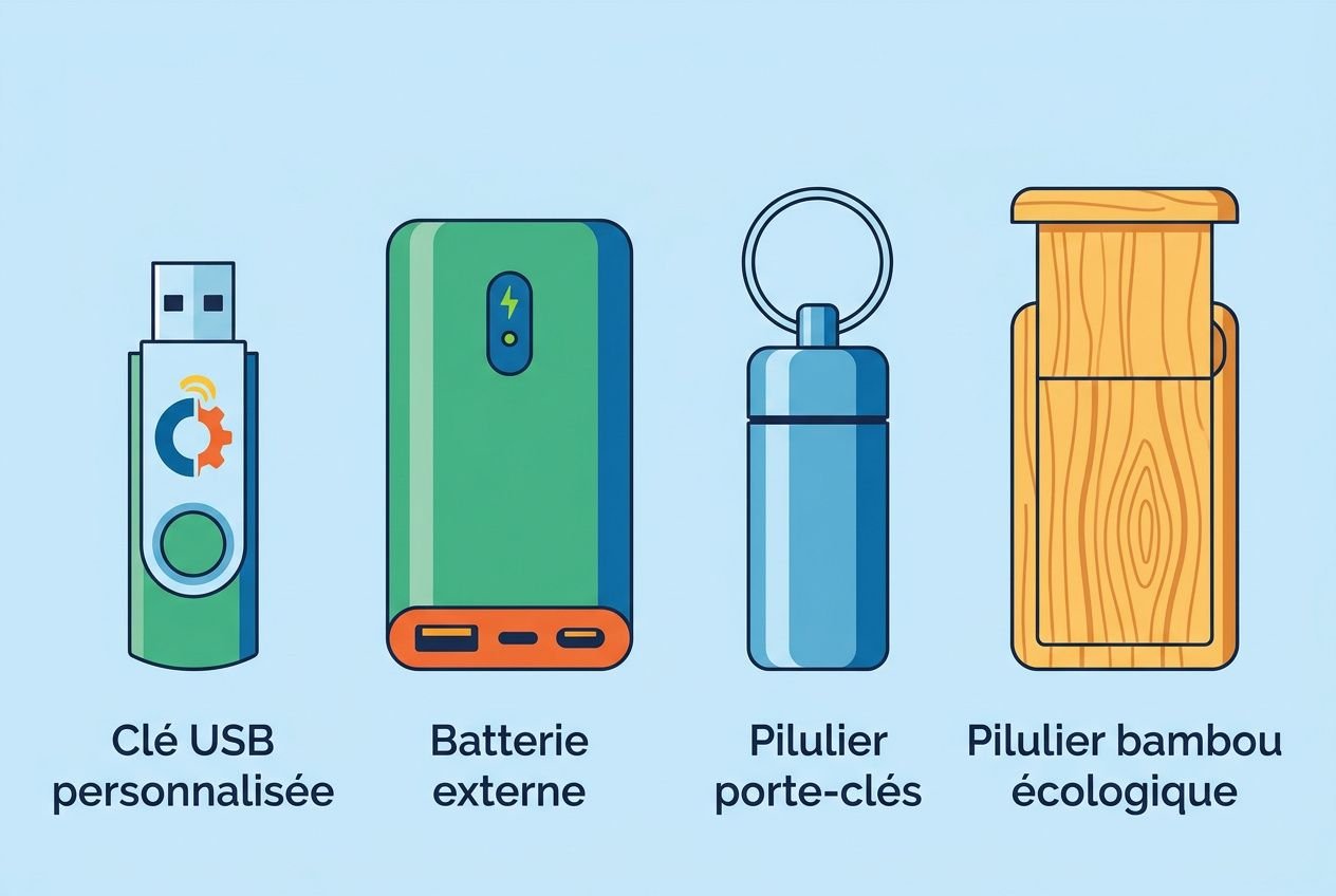 Clés USB personnalisée, batterie externe, pilulier porte-clés et pilulier bambou écologique illustrés pour objets publicitaires pour conférence.