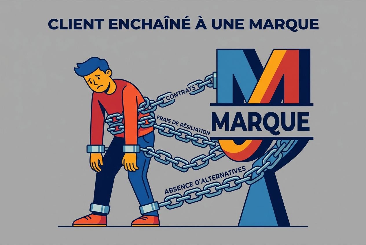 Client enchaîné à une marque, illustration montrant une personne ligotée par des chaînes reliées à un logo MARQUE et des rubans “frais de résiliation” et “absence d’alternatives”