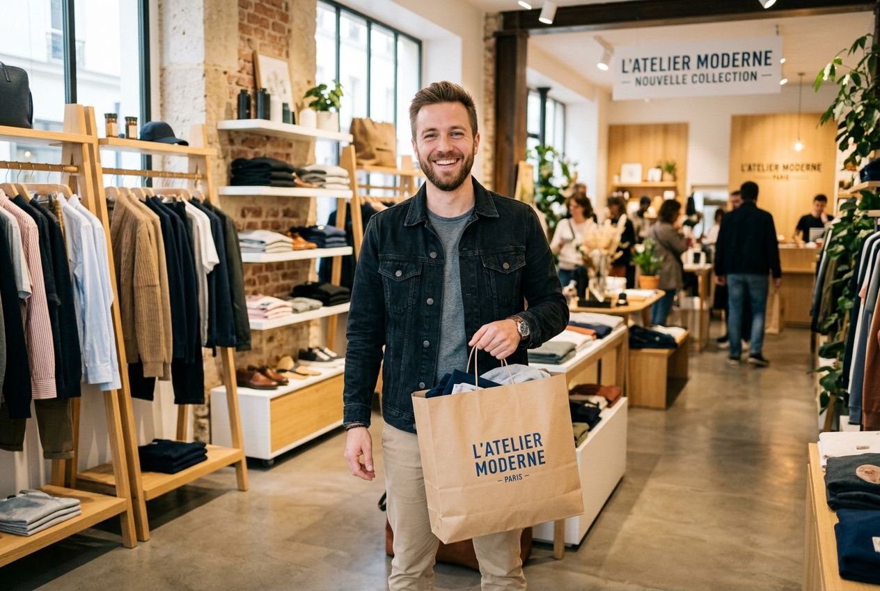 Client heureux quittant une boutique avec sac de shopping L’Atelier Moderne; rayon vêtements en arrière-plan. Types de fidélisation évoqués.