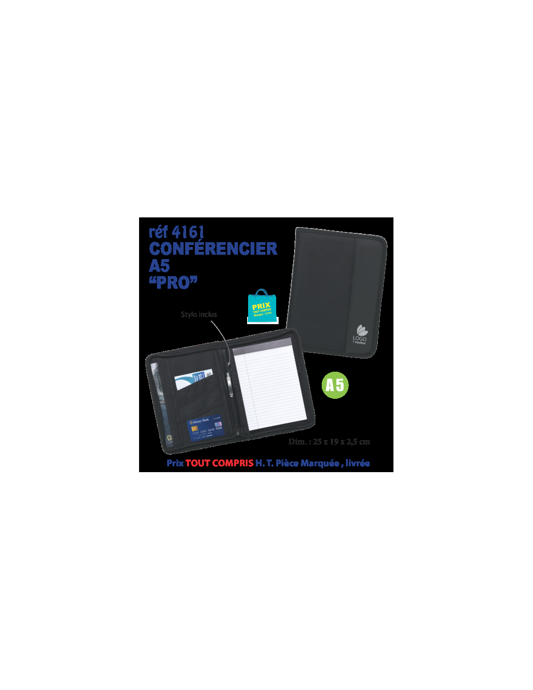 Concepteur : porte-documents A5 “PRO” noir avec pochettes et bloc-notes, affichant référence 4161 et badge Prix; dims 25 x 19 x 2,5 cm. Pourquoi sponsoriser un événement intégré.