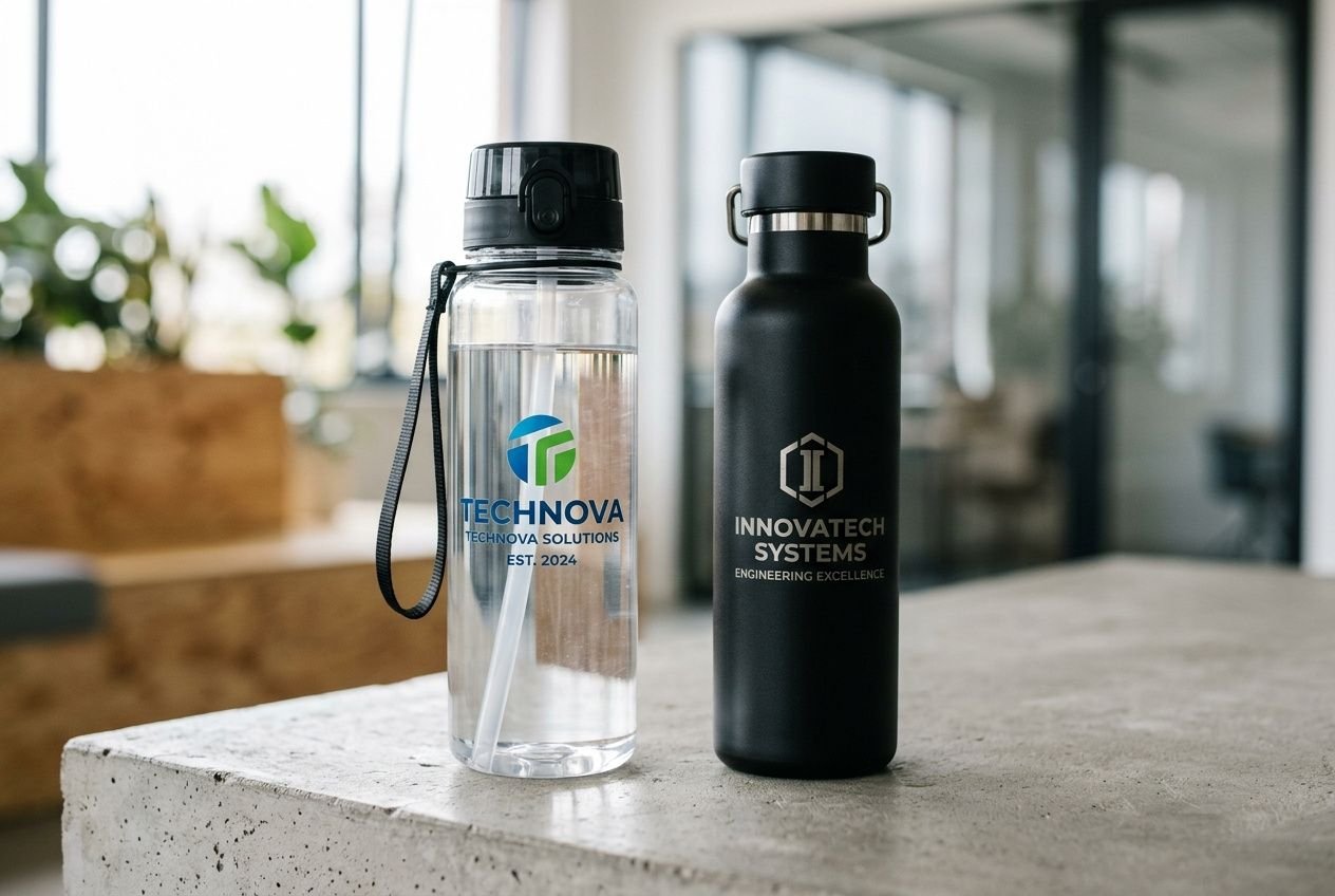 Deux bouteilles réutilisables personnalisées, logo Technova et Innovatech, sur une table en béton.