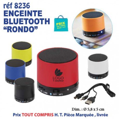 Enceinte Bluetooth “Rondo” colorée et portable avec dongle USB, utilisée comme objet publicitaire tendance pour valoriser une marque.