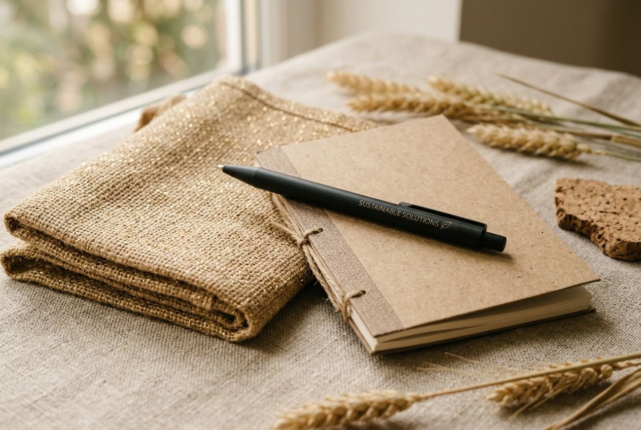 Ensemble de papeterie écologique pour création de goodies personnalisés : carnet kraft, stylo noir et tissu en jute.