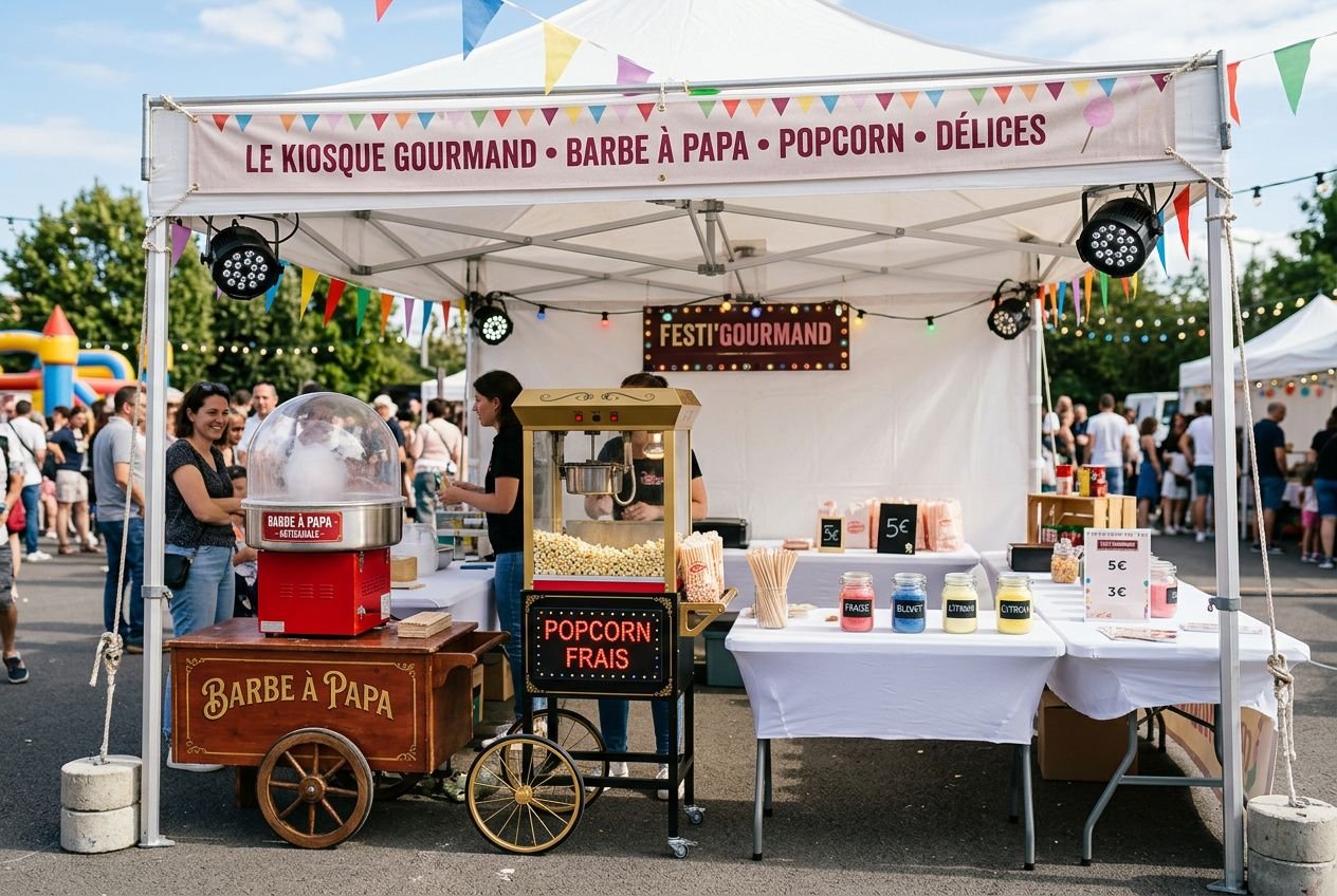 Événement gourmand avec kiosque bar à papa et pop-corn, prêt pour achat machine evenementiel et matériel pro.