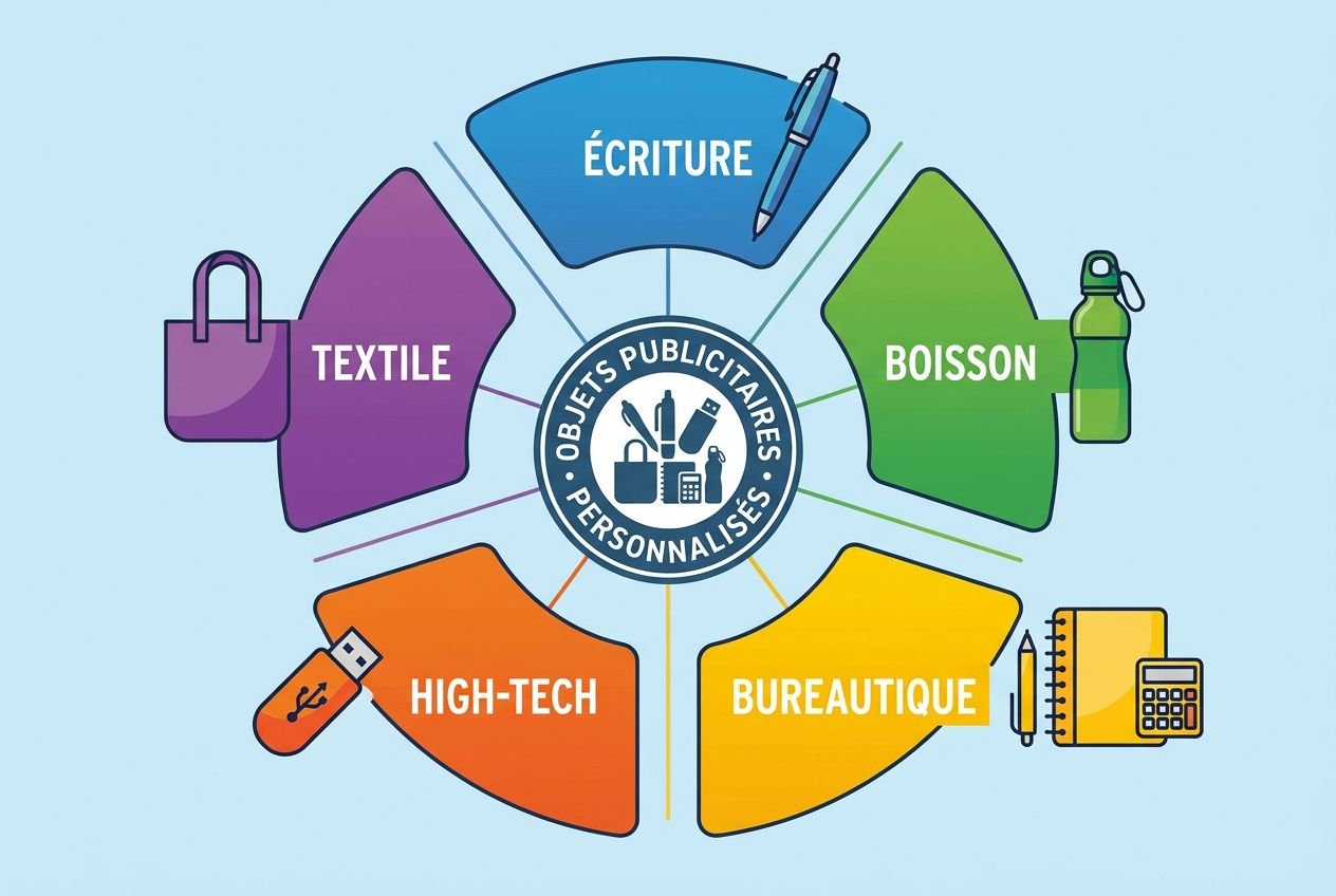 Excellents goodies personnalisés petite quantité présentés sous forme d’un diagramme des objets publicitaires personnalisables par secteur (écriture, boisson, bureautique, high-tech, textile).