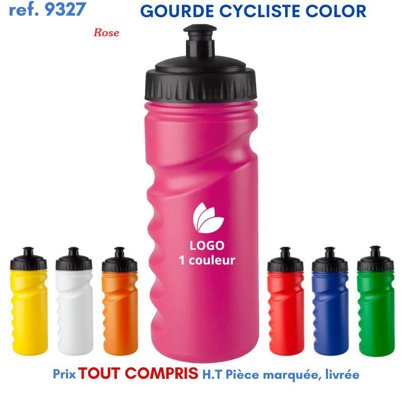 Gourde cycliste couleur rose 1 couleur avec bouchon noir, logos imprimés et plusieurs autres gourdes colorées en arrière-plan, référence 9327