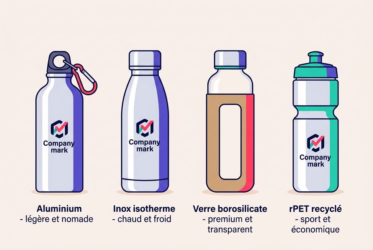 Gourde floquée : illustration de quatre bouteilles personnalisables avec logos, showcasing aluminium, inox isotherme, verre borosilicate et rPET recyclé.