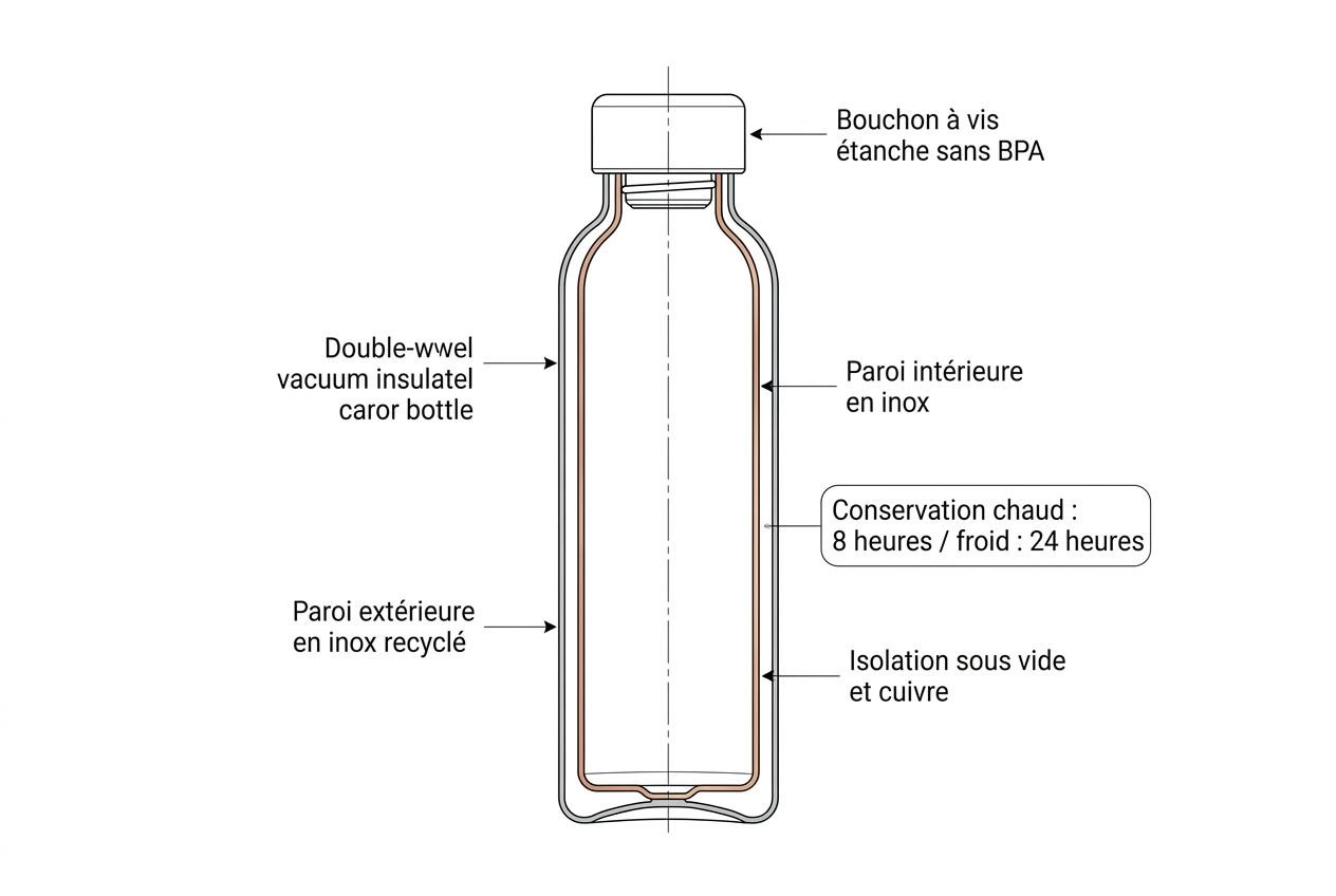 Gourde floquée visible sur diagramme technique détaillant bouchon, parois en inox et isolation interne, avec légendes sur matériaux et conservation.