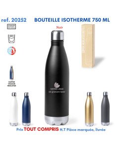 Gourde isotherme 750 ml noire avec bouchon argenté, exemplaire de gourde réutilisable personnalisé et logos, livraison incluse.