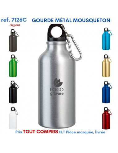 Gourde métal mousqueton argent with carabiner, logo gravure, entourée de petites gourdes colorées en différentes teintes. produits promotionnels pratiques été.