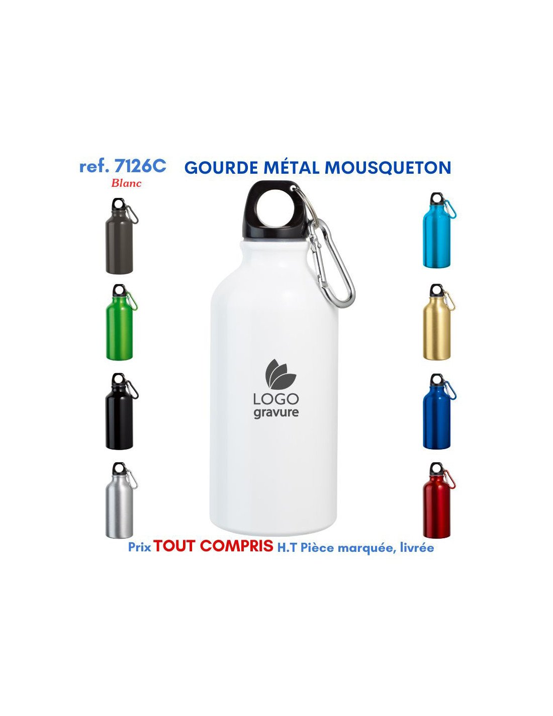 Gourde métal Mousqueton avec logo gravure, image centrale blanche et mousqueton noir, entourée de petites gourdes colorées. goodie publicitaire goodies gourde personnalisable.