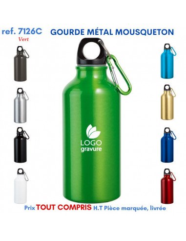 Gourde métallique mosqueton verte au centre entourée de petites gourdes colorées en haut et en bas