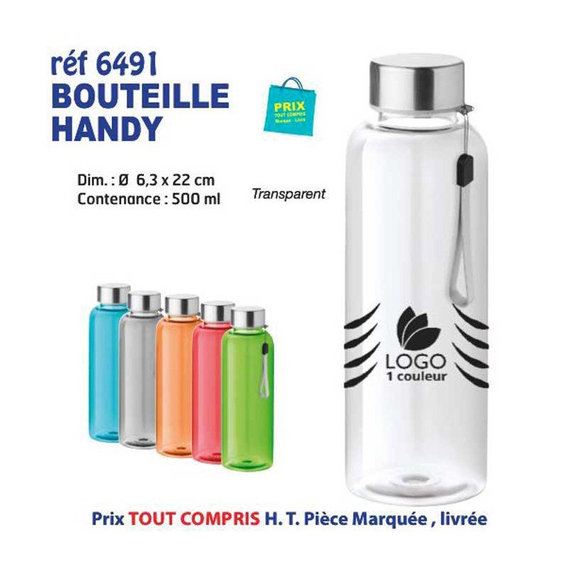 Gourde en plastique transparente avec bouchon métallique et logo, disponible en plusieurs couleurs, capacité 500 ml.