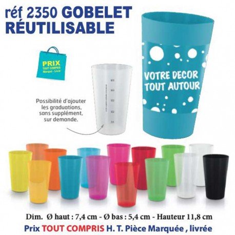 Gourde réutilisable personnalisée en lot deDivers coloris, forme cylindrique, logo ou texte possible sur le gobelet bleu décoré.
