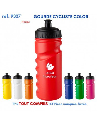 Gourde rouge personnalisée avec bouchon noir et logo blanc, entourée de variantes de couleurs similaires.
