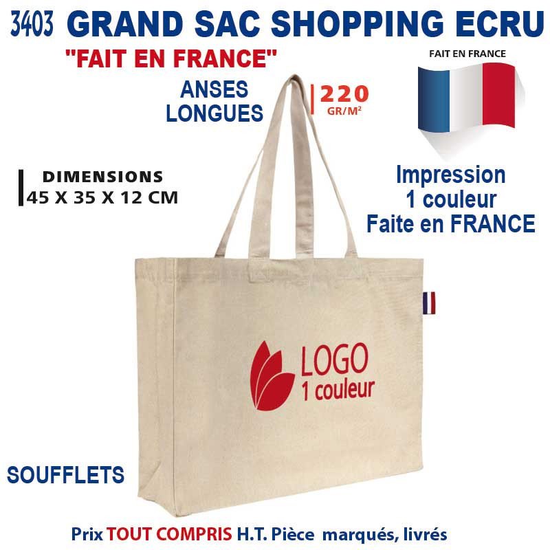 Grand sac shopping éco en toile avec logo, dimensions 45x35x12 cm, livré et imprimé couleur unique en France. quoi offrir quand il fait chaud intégrant le sujet été.