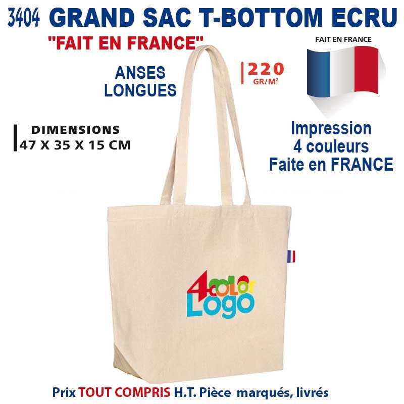 Grand sac T-Bottom écru imprimé couleur logo « 4 color » et texte « FAIT EN FRANCE » sur fond blanc, dimensions 47x35x15 cm, anses longues, pièce livrée complète. Intègre le mot-clé: quoi offrir quand il fait chaud.