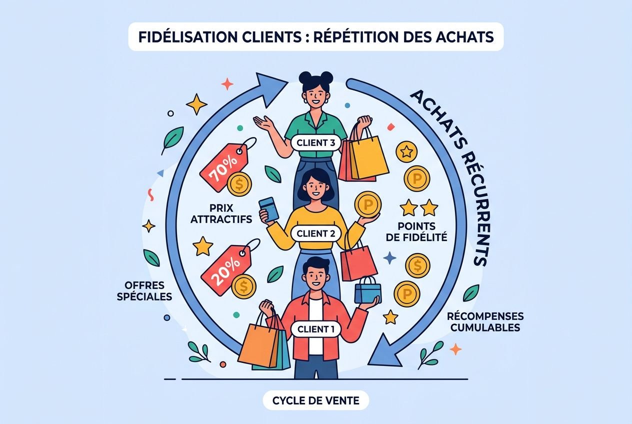 Illustration circulaire sur la fidélisation clients, montrant trois clients avec sacs, des offres et points de fidélité autour du cycle de vente