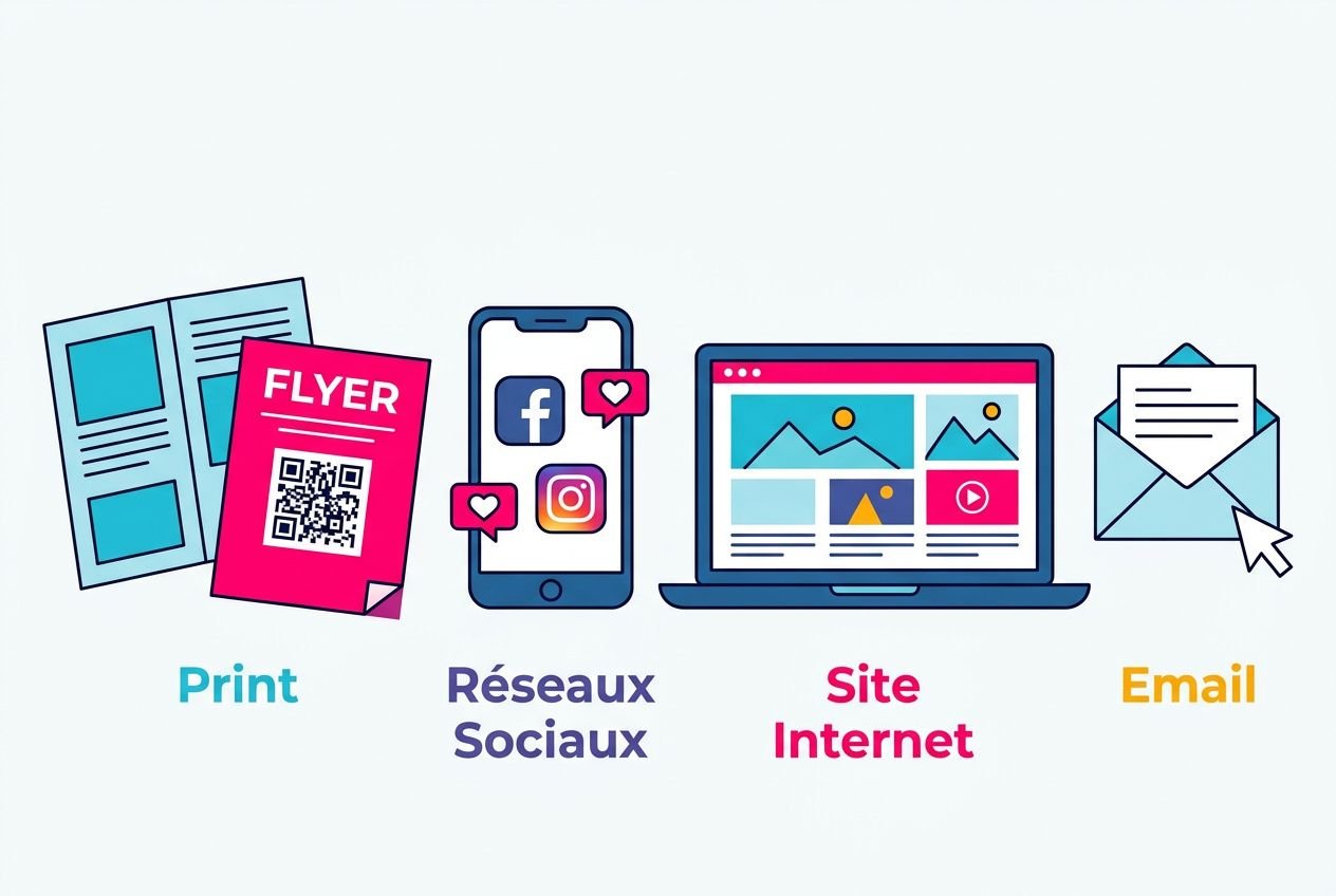 Illustration montrant les principaux supports de communication: print, réseaux sociaux, site Internet et email, avec une affiche flyer et des icônes.