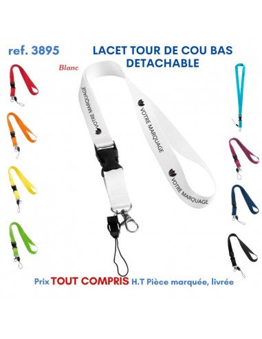 Lacet tour de cou noir et blanc détachable avec mousqueton, idéal pour objets personnalisés pour salon professionnel.
