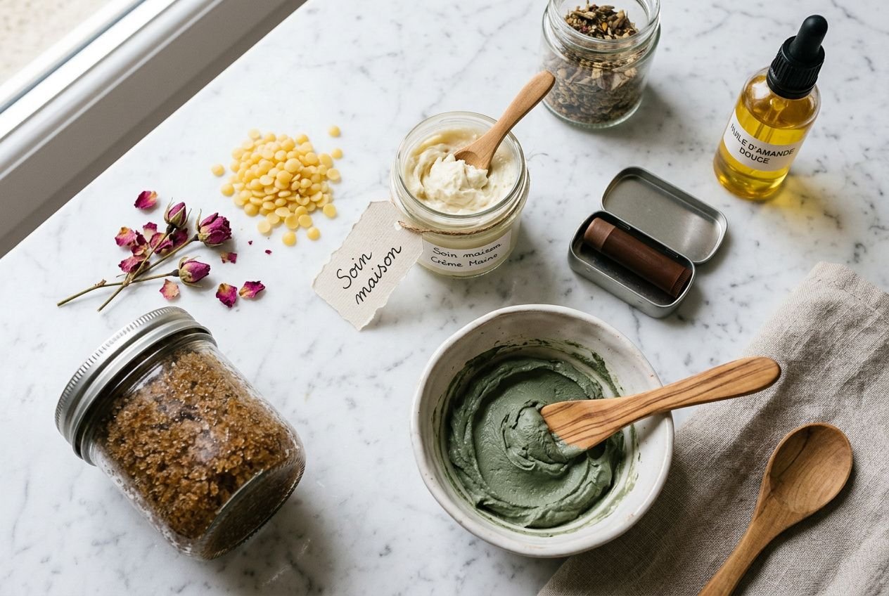 Lavage et préparation : pot de pâte verte en bol avec cuillère, huile essentielle en flacon, pots et ingrédients pour fabriquer ses propres cosmétiques maison sur plan de travail.